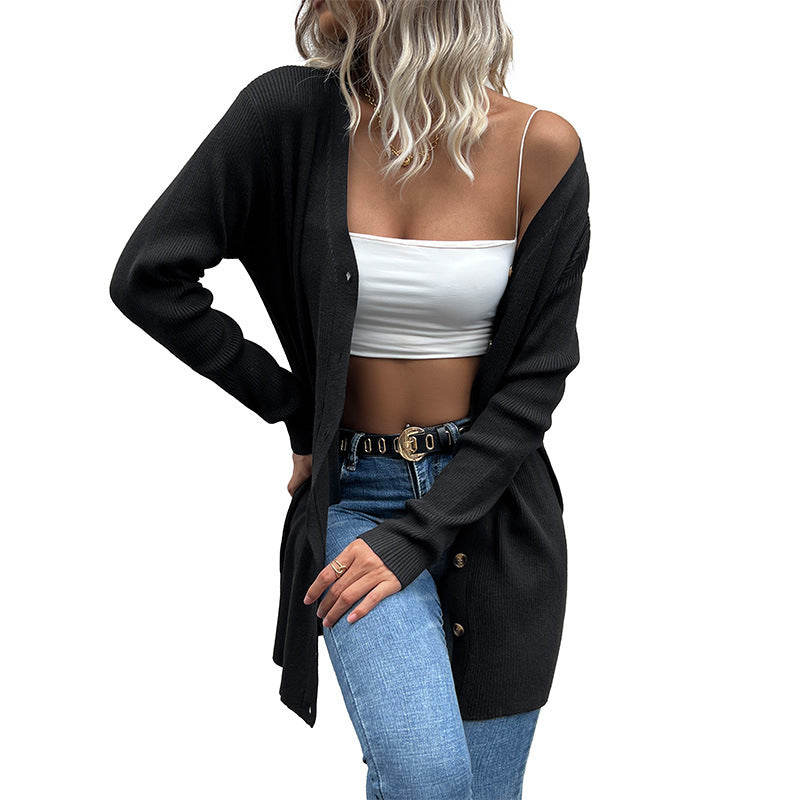 Damen Langärmlige Strickjacke Dekorative Knöpfe Eveloria