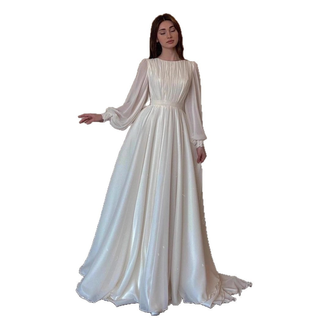 Damen Langkleid mit Taillenband und Ballonärmeln Eveloria