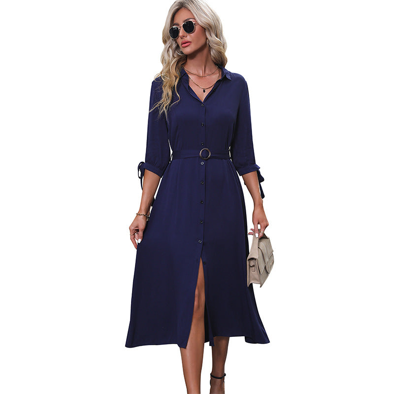 Damen Hemdblusenkleid mit Taillengürtel und Schlitz Eveloria