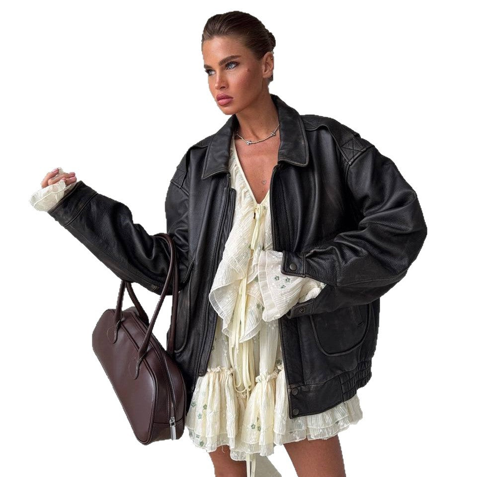 Damen Lederjacke Oversized mit Dekorativen Taschen