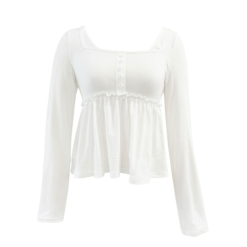 Damen Langarmshirt Quadratischer Ausschnitt Rüschensaum Elegantes