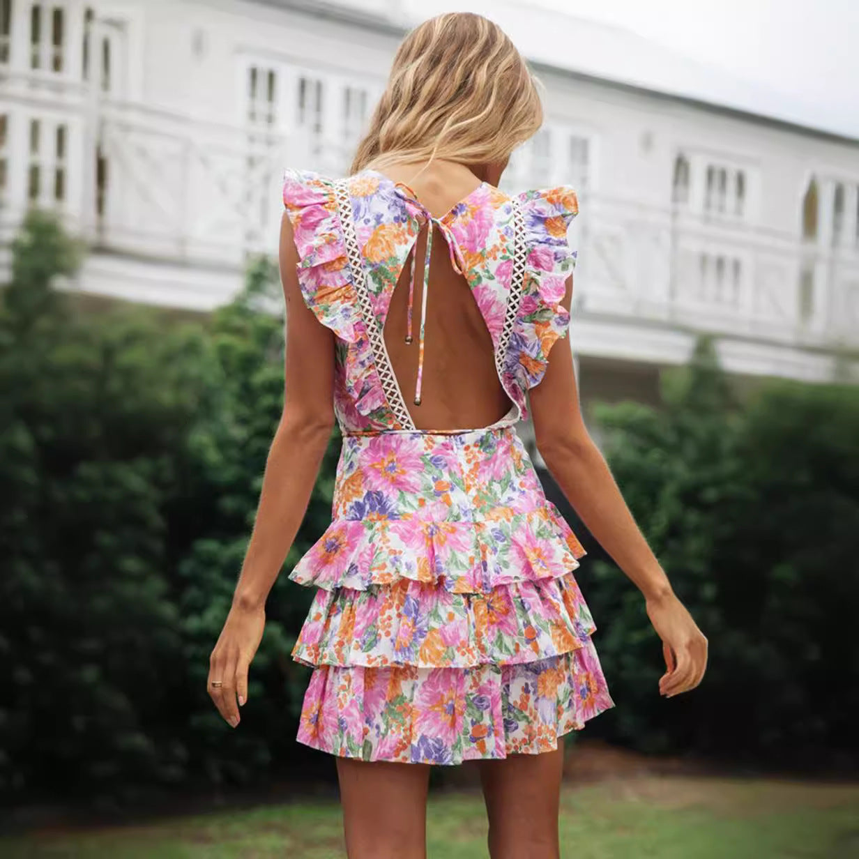 Damen Sommerkleid mit Rüschen und Blumenmuster, Taillengürtel,