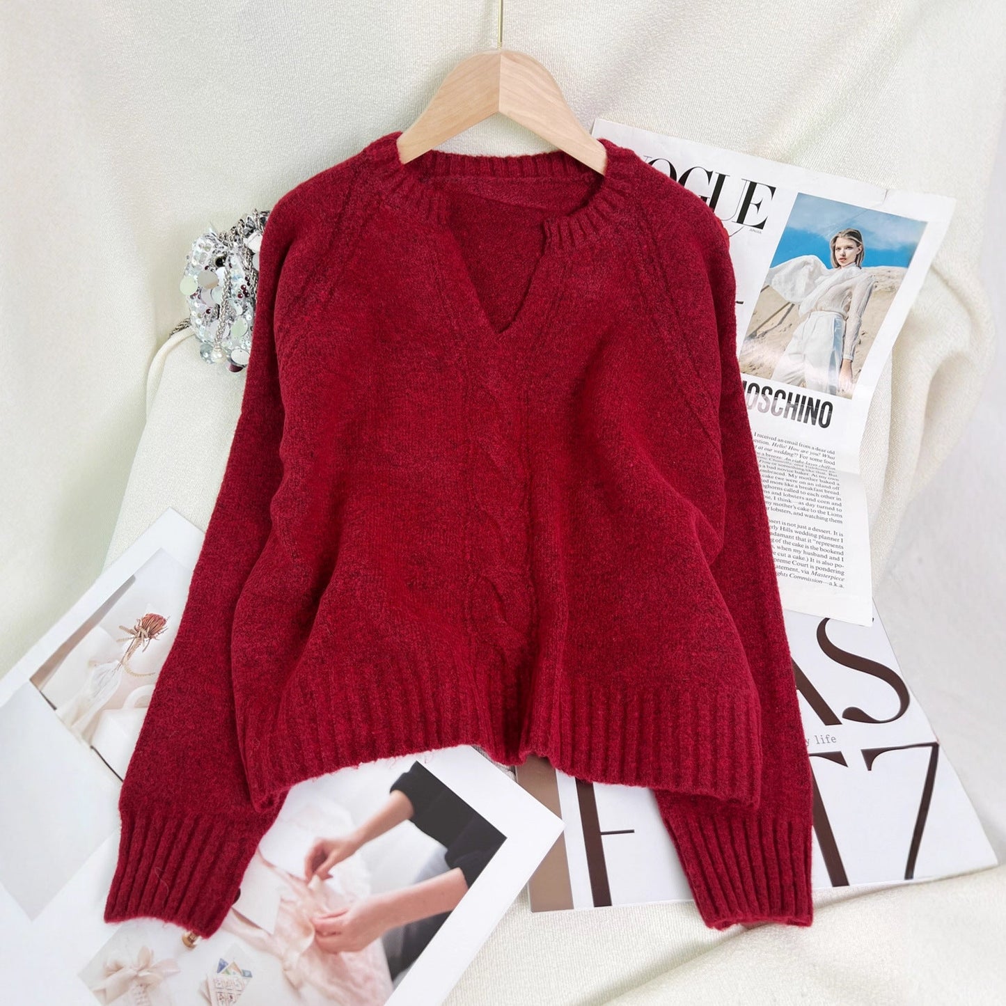 Damen Strickpullover V-Ausschnitt Zopfmuster
