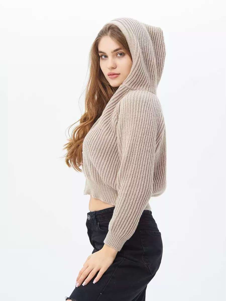 Damen Hoodie Weiches RippstrickMaterial Mit Kordelzug