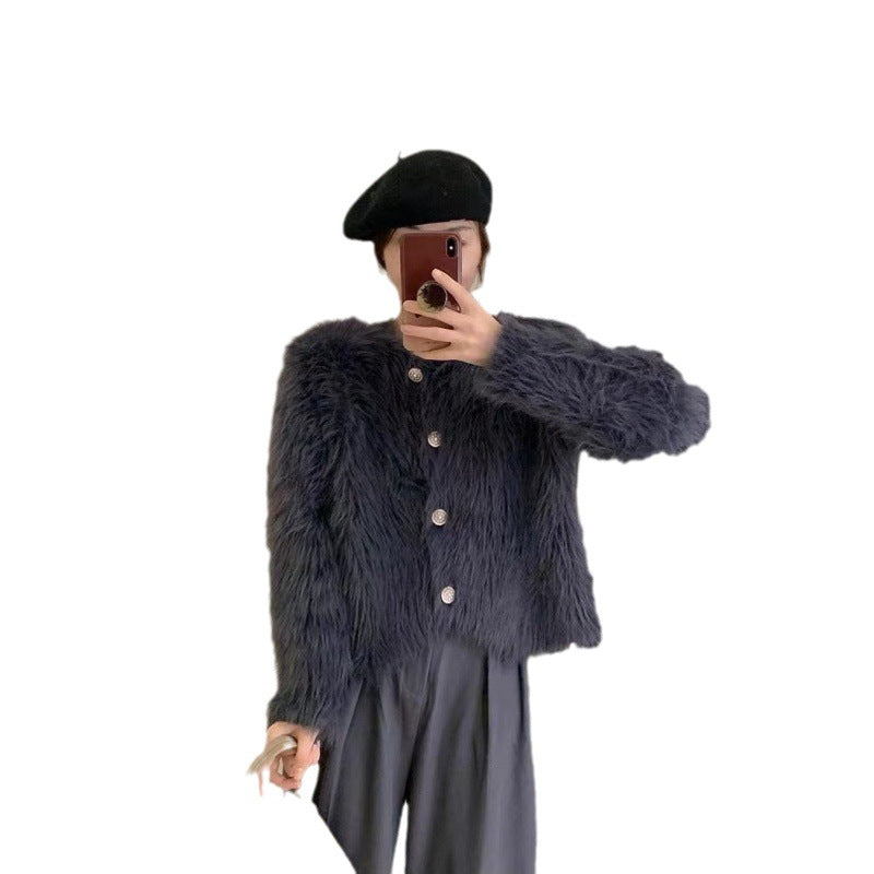 Damen Kurzjacke Flauschig Elegant Knöpfe Eveloria