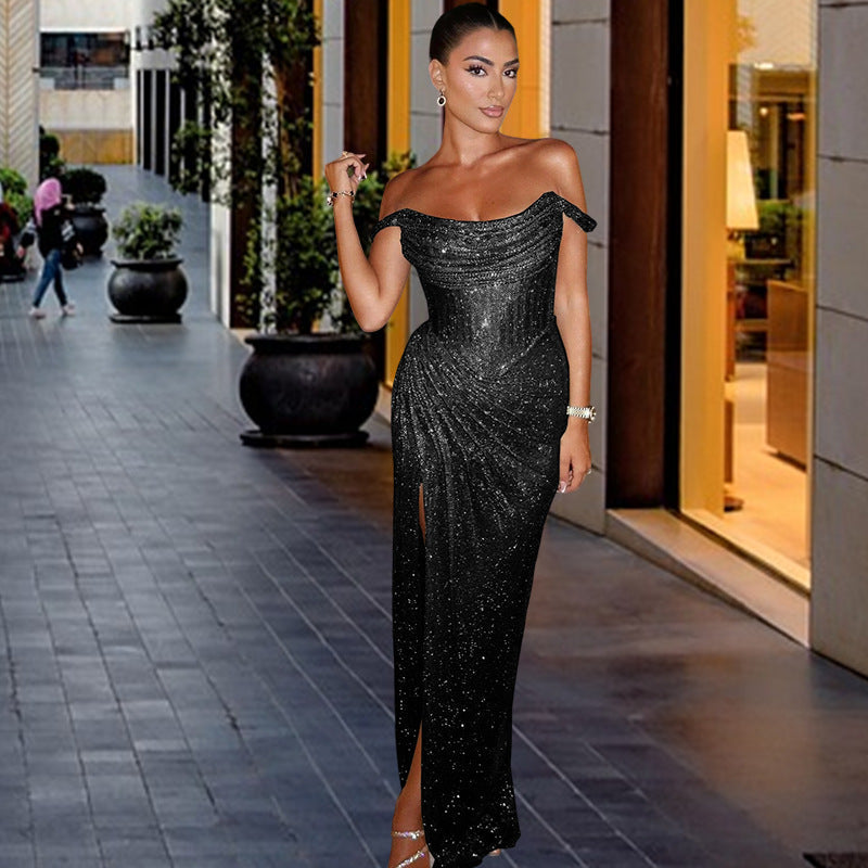Damen Abendkleid mit Schmuckdetail und drapiertem Rock Eveloria