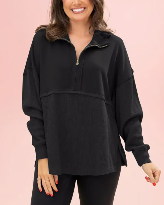 Damen Pullover Halbzipper Voluminöse Ärmel Grau Eveloria