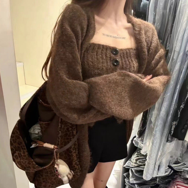 Damen Strickjacke Weites Modell Mit Knöpfen Beige