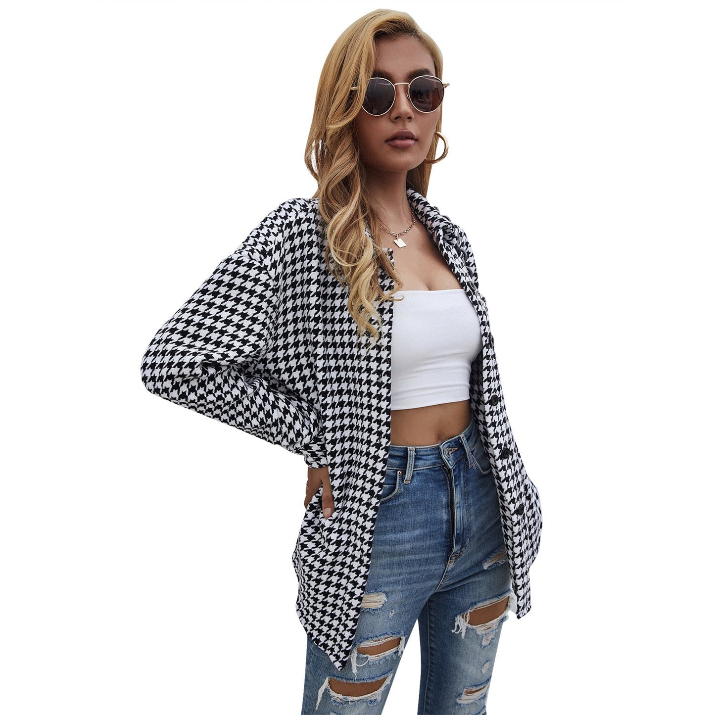 Damen Hemdjacke Hahnentritt-Muster Locker Passform Blauweiß