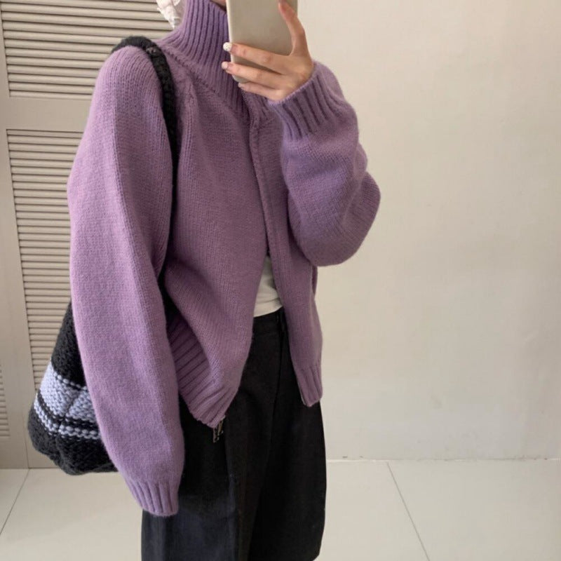 Damen Grobstrickjacke Hochkragen Reißverschluss Eveloria