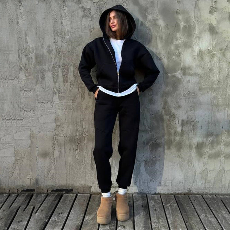 Damen Fleece-Jogginganzug Hochkragen Reißverschluss Grau
