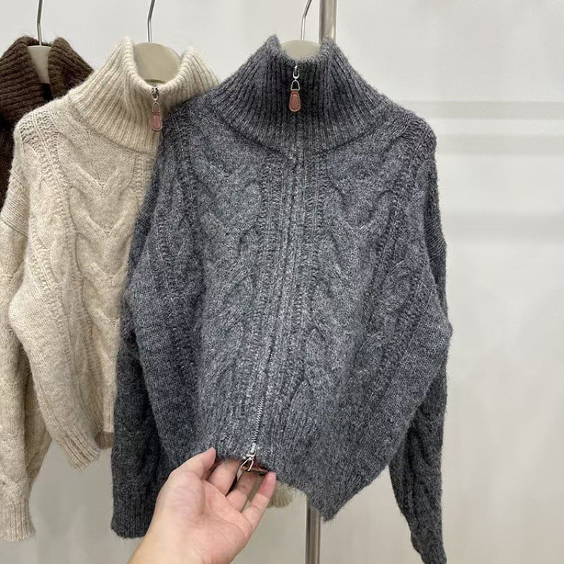 Damen Grobstrickpullover Hochkragen Dekorativer Reißverschluss