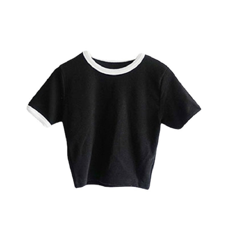 Damen T-Shirt Cropped Baumwolle Lässiger Schnitt Kontrastärmele