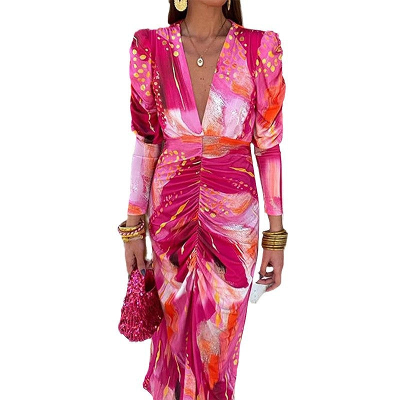 Damen Maxikleid Drapierungseffekt Puffärmel Eveloria