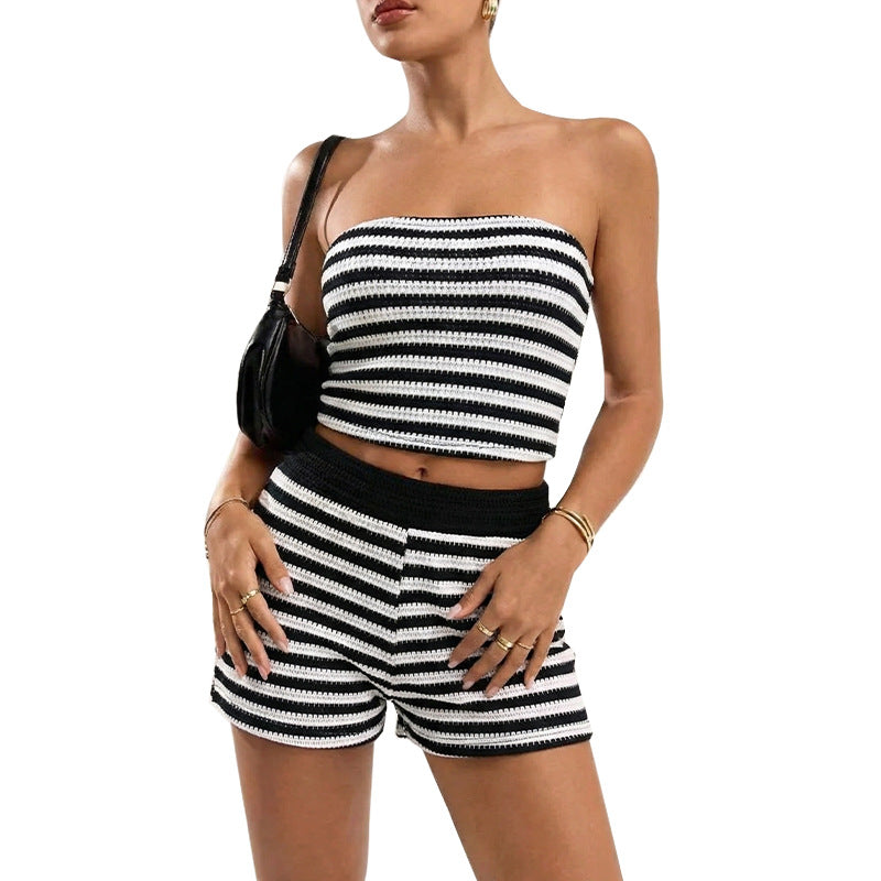 Damen Cropped Bikini-Set Gestreift Hoher Bund