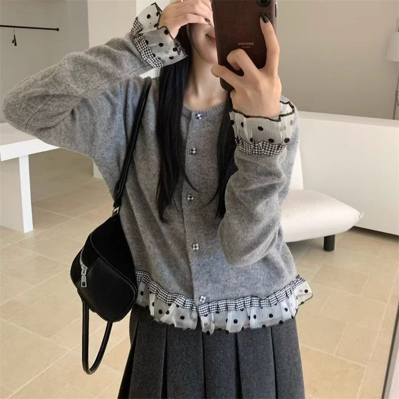 Damen Strickjacke Rüschen Knöpfe Eveloria