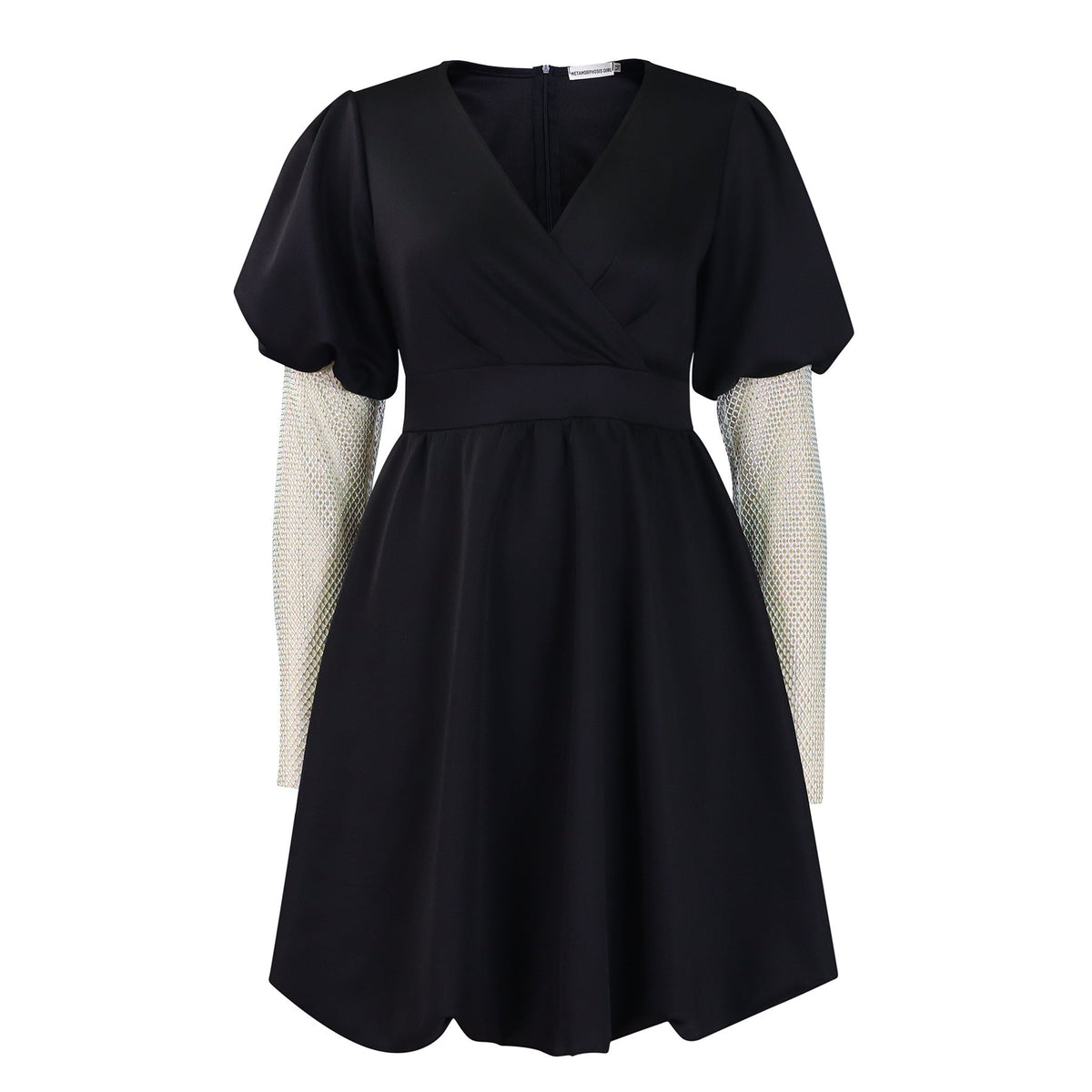 Damen Wickelkleid Puffärmel Netzoberarm Transparent Eveloria