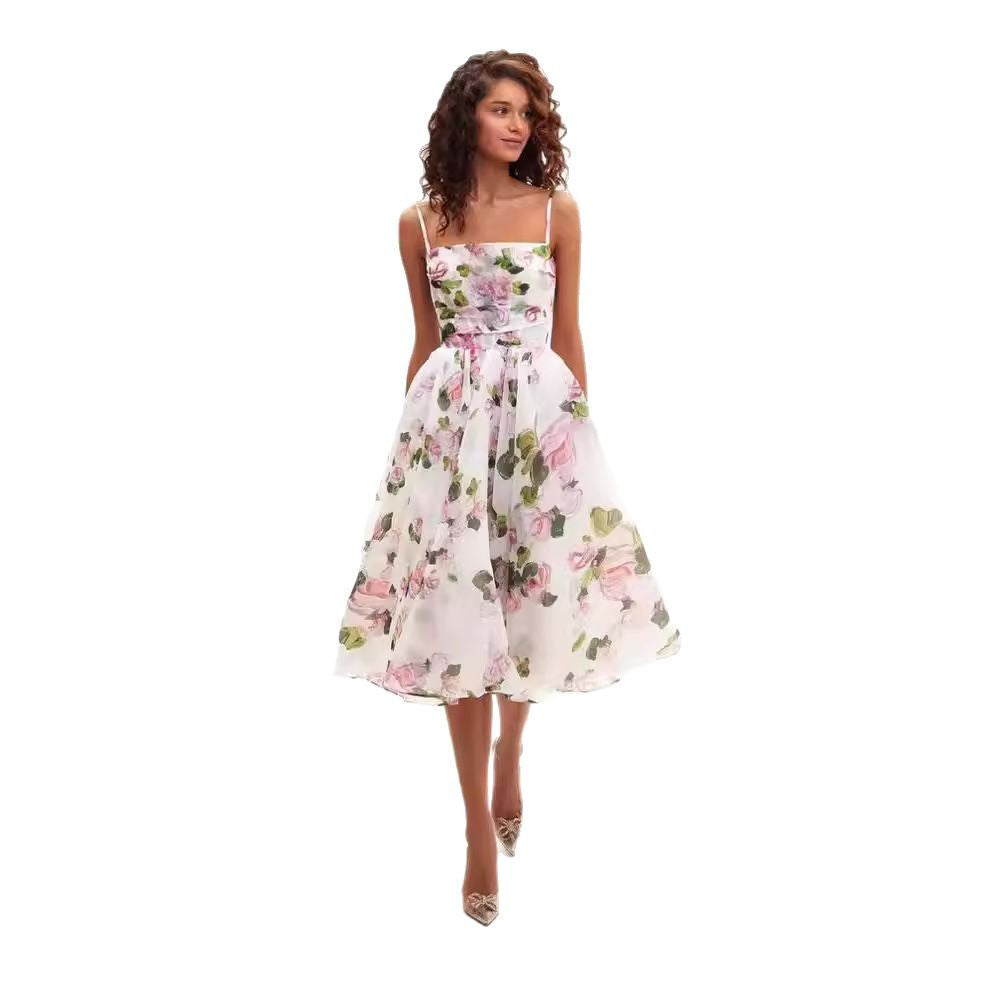 Damen Midi-Kleid Floralmuster Chiffon Taillengürtel
