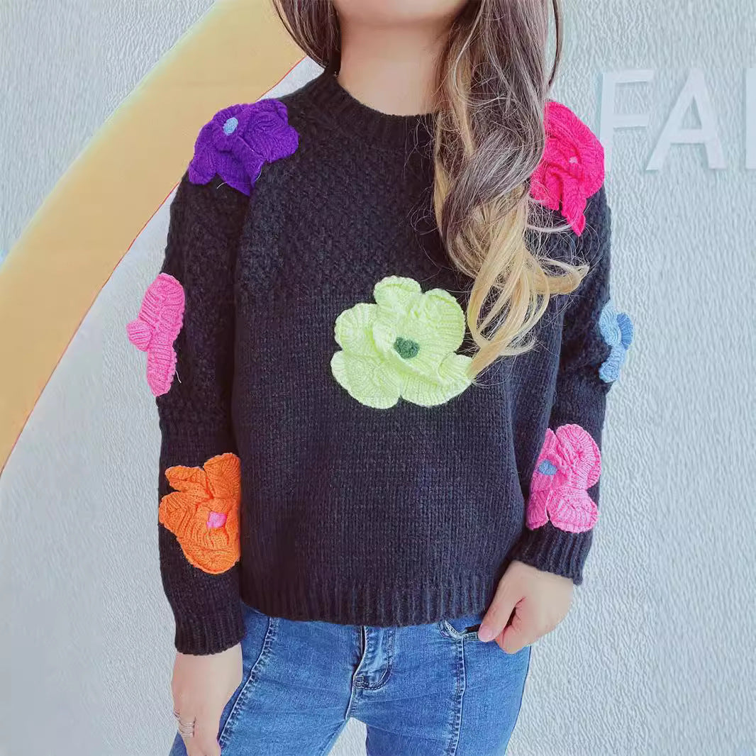 Damen Pullover Bunt Blumenapplikationen Eveloria