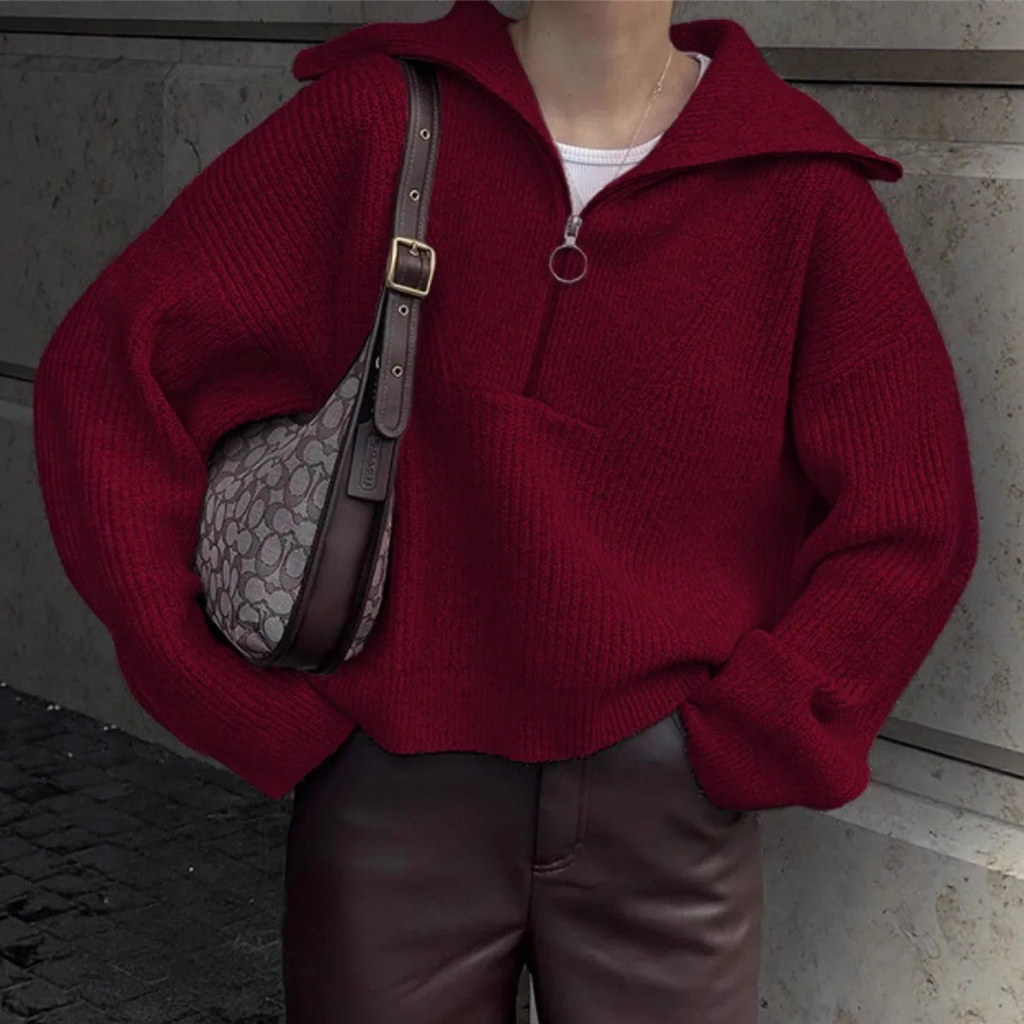 Damen Strickpullover Stehkragen Reißverschluss Grobstrick Eveloria