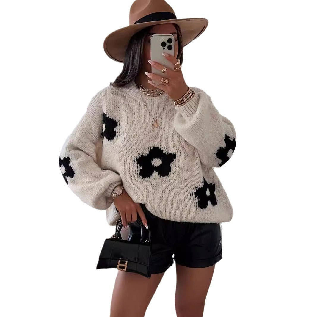 Damen Strickpullover Blumendesign Weich