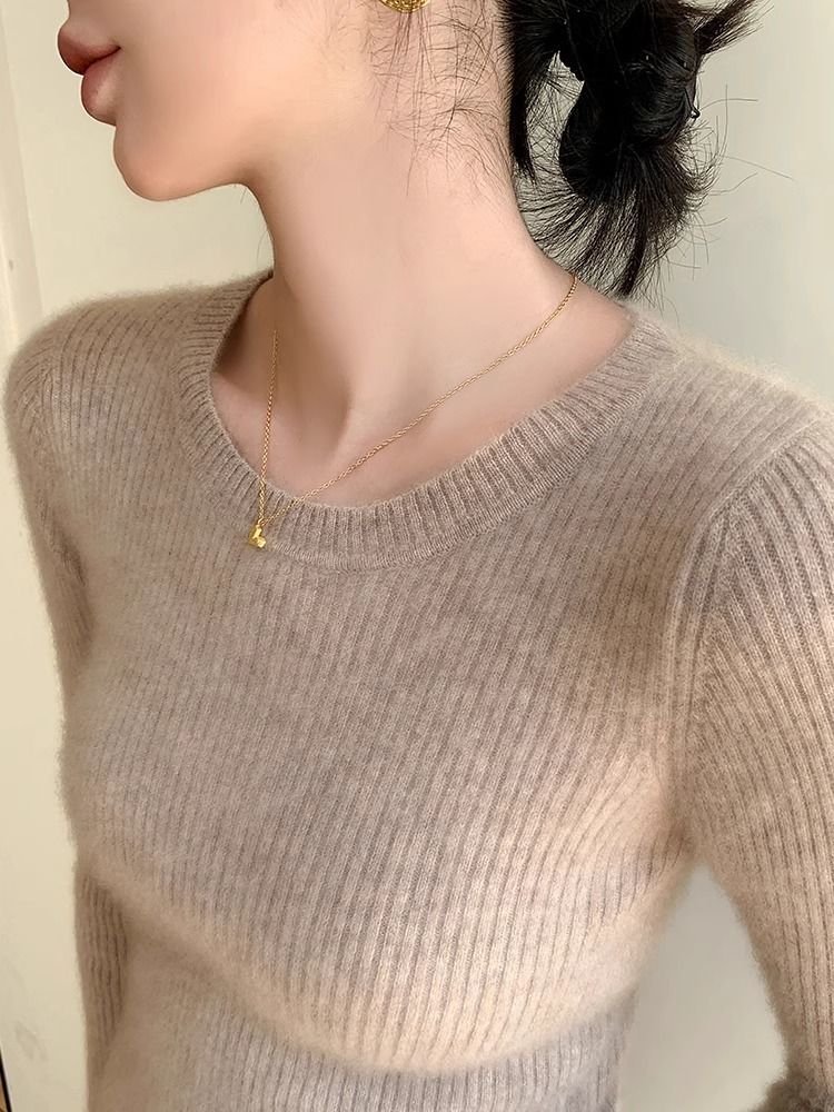Damen Rippstrickpullover Rundhals Fein Eveloria