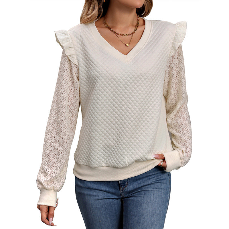 Damen Pullover Spitzenärmel Waffelmuster Grau Eveloria