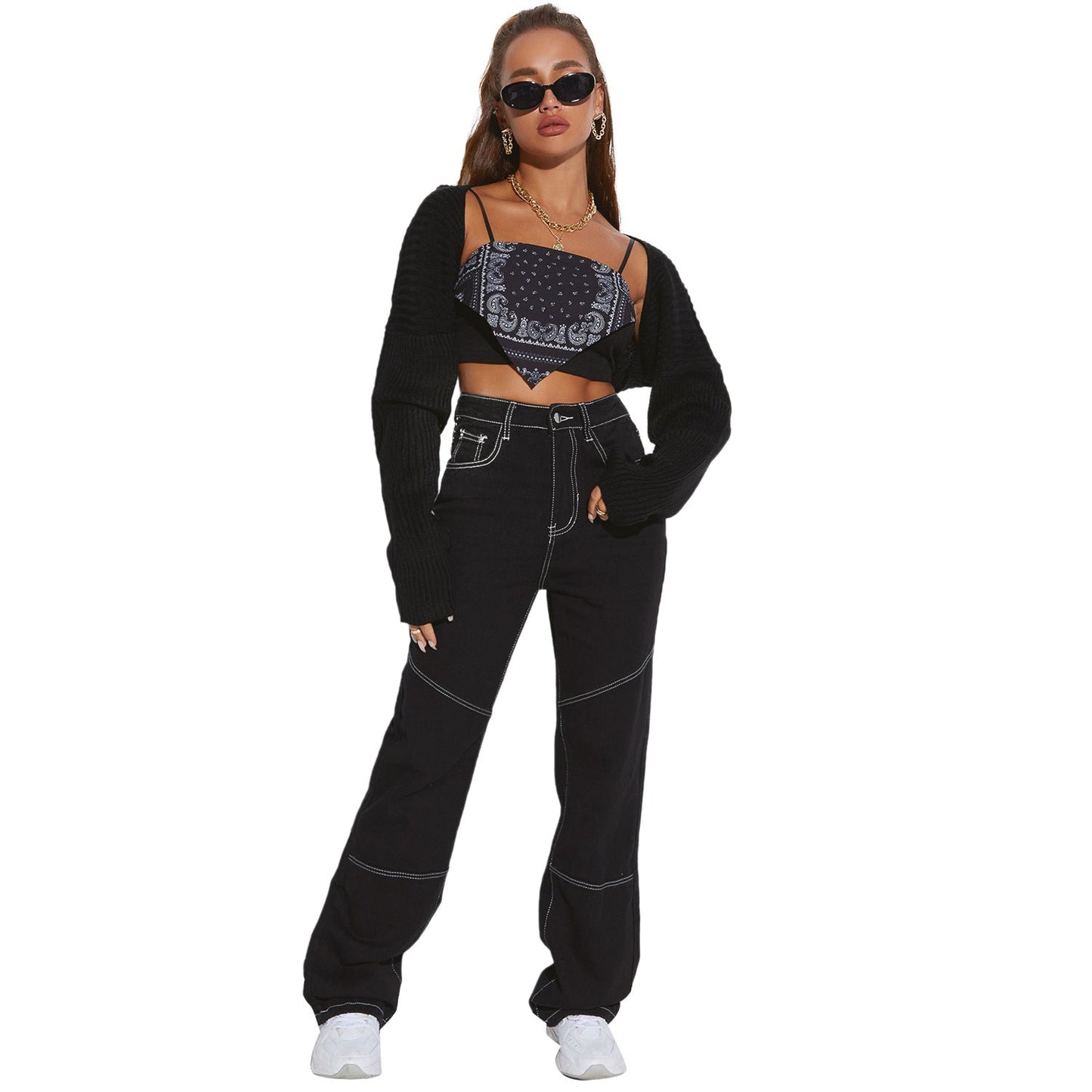 Damen High-Waist Jeans Breit Kontrastnähte Eveloria