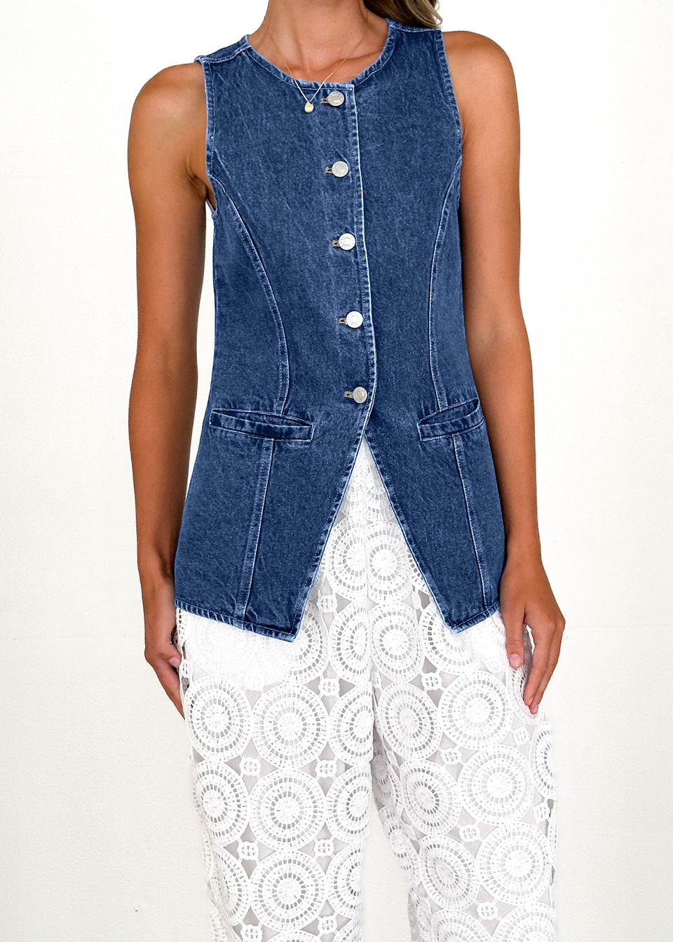 Damen Denimweste Tailliert Knöpfe Blau Eveloria