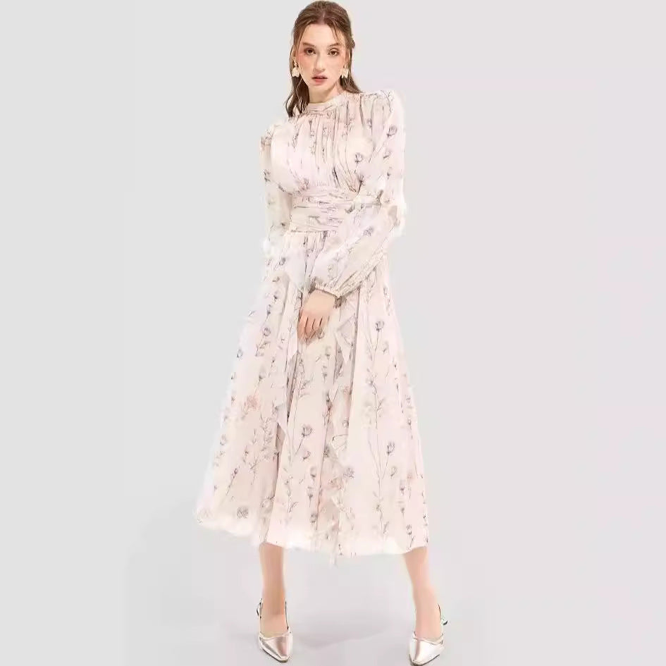 Damen Midi-Kleid Florale Stickerei Rüschensaum Eveloria