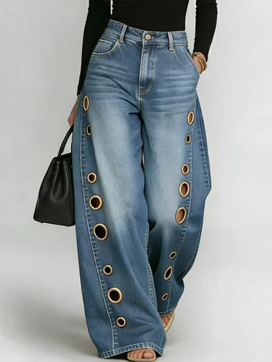 Damen Weite Jeans Dekorative Ösen Hoher Bund Blau Eveloria