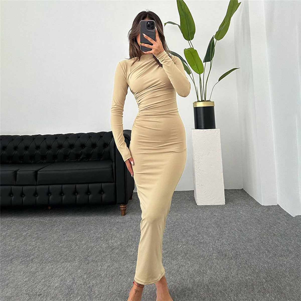 Damen Langarmkleid Figurbetont Raffung Eveloria