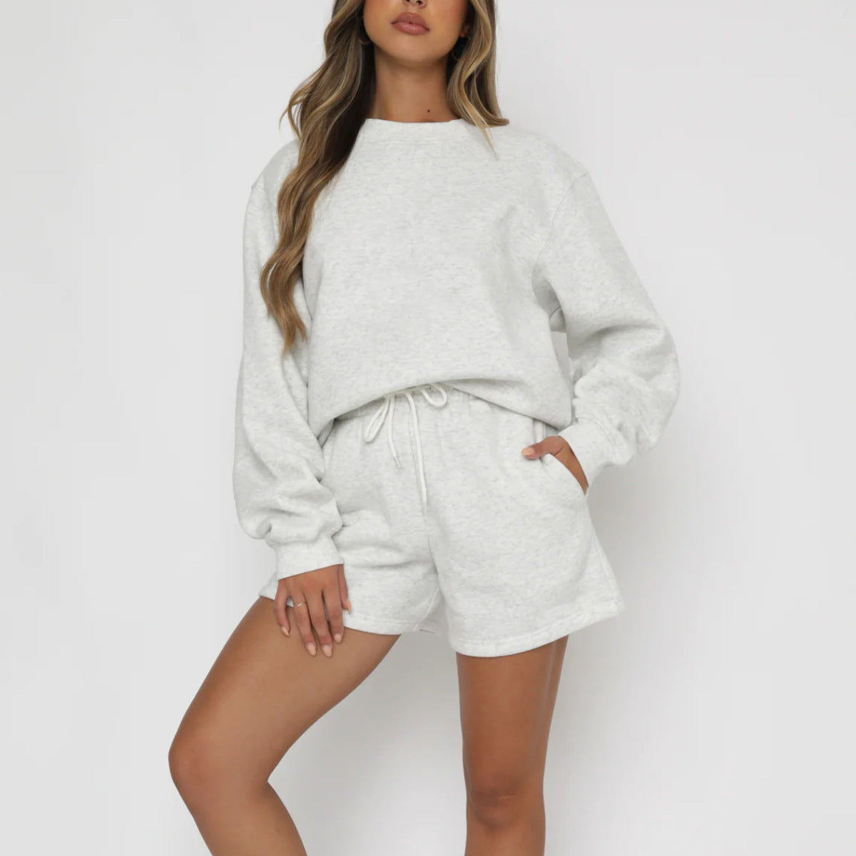 Damen Sweatset Kurzarmoberteil und Shorts aus Baumwolle Beige