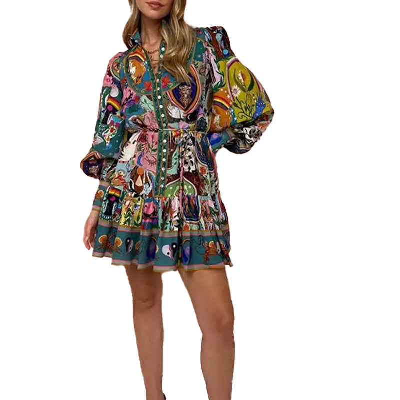 Damen Midikleid Tier- und Blumenmuster Weite Ärmel Bunt