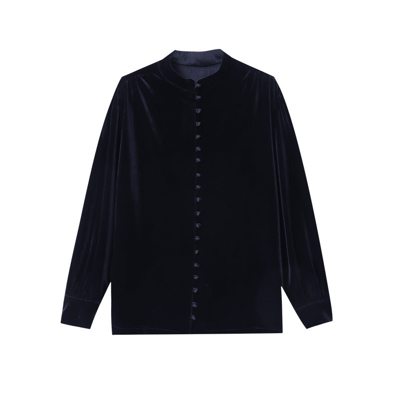 Damen Samt Bluse Hochkragen Dekorative Knöpfe Eveloria