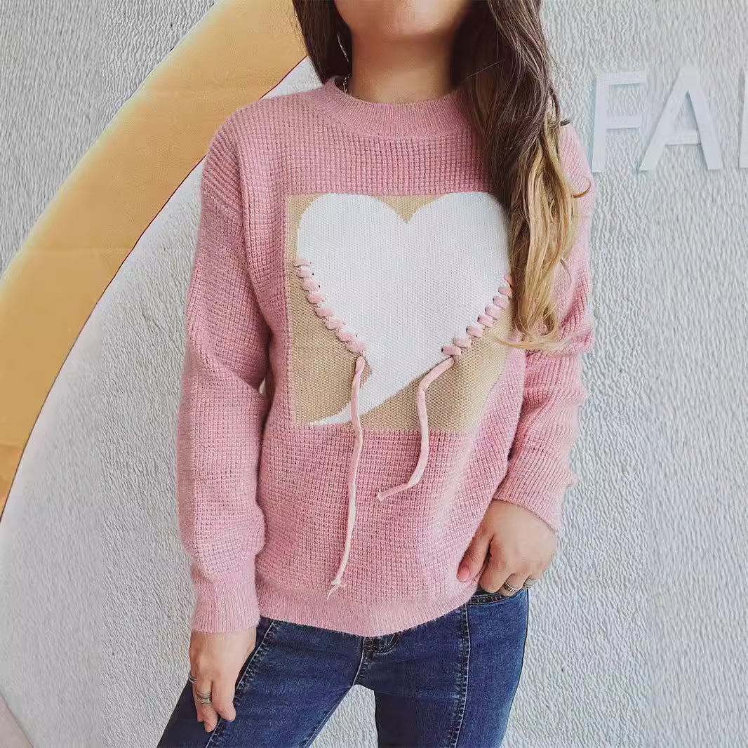 Damen Pullover mit Herzapplikation und Kordelzug