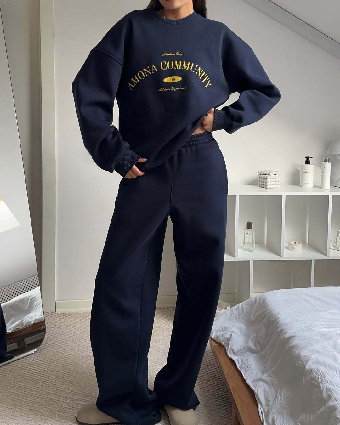 Damen Oversized Sweatshirt Anzug mit Schriftzug Elastisch