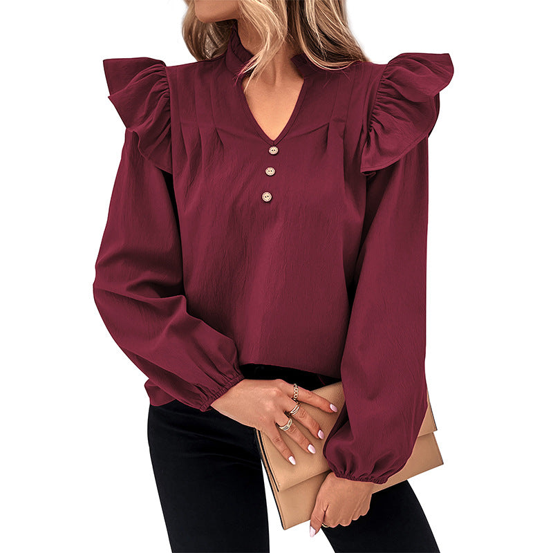Damen Bluse Rüschenärmel Knopfdetails Eveloria