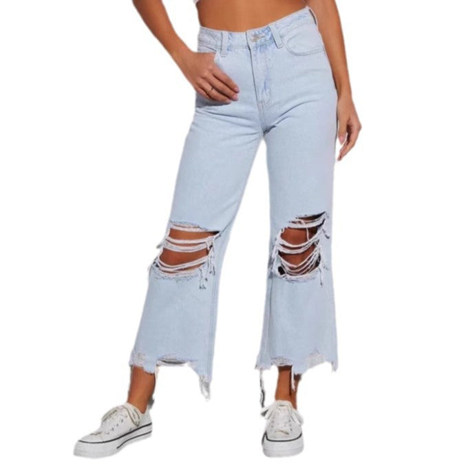Damen Destroyed Jeans Weites Bein Freche Risse Blau Eveloria