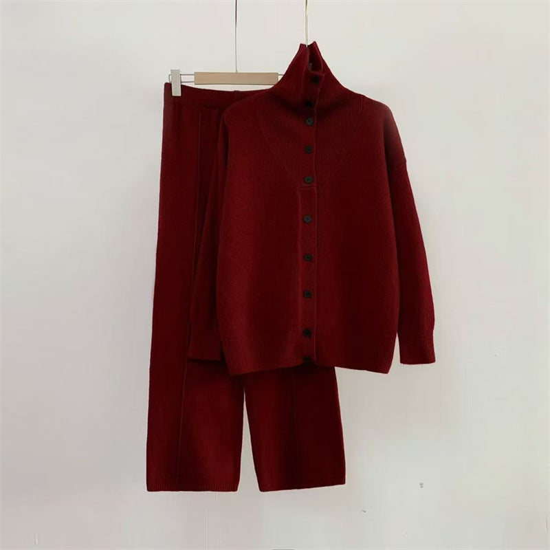 Damen Strickensemble Hochkragen Knöpfe Eveloria