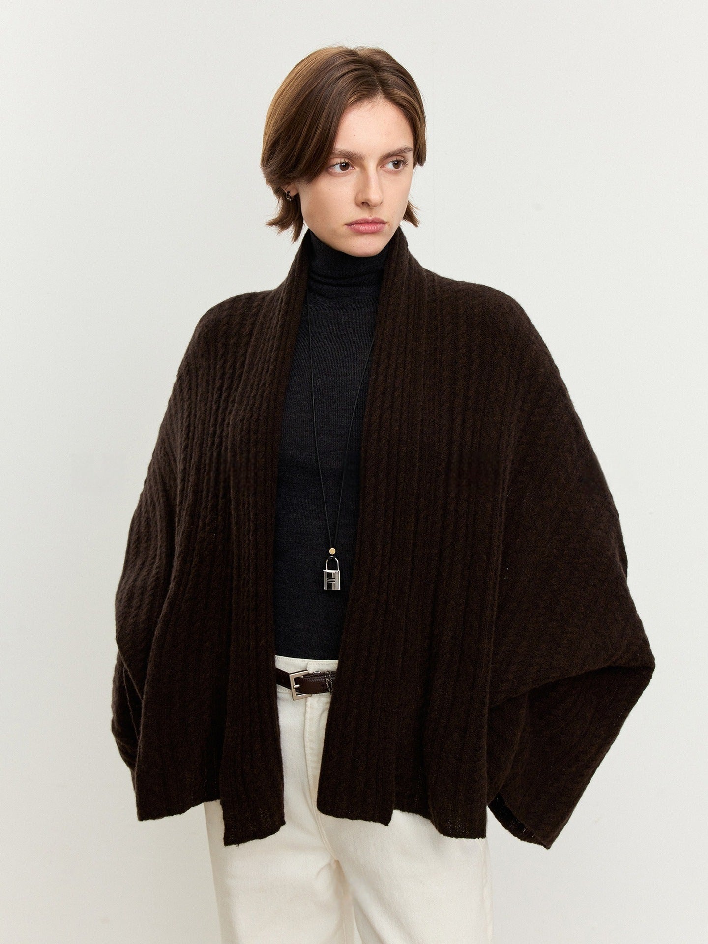 Damen Strickponcho Feine Wolle Luftig Beige