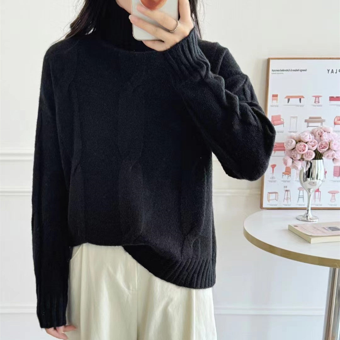 Damen Strickpullover Hochkragen Kabelmuster