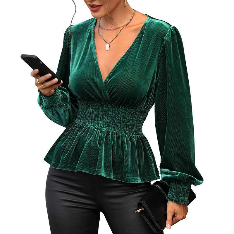 Eveloria Damen V-Pullover Geraffte Taille Lange Ärmel