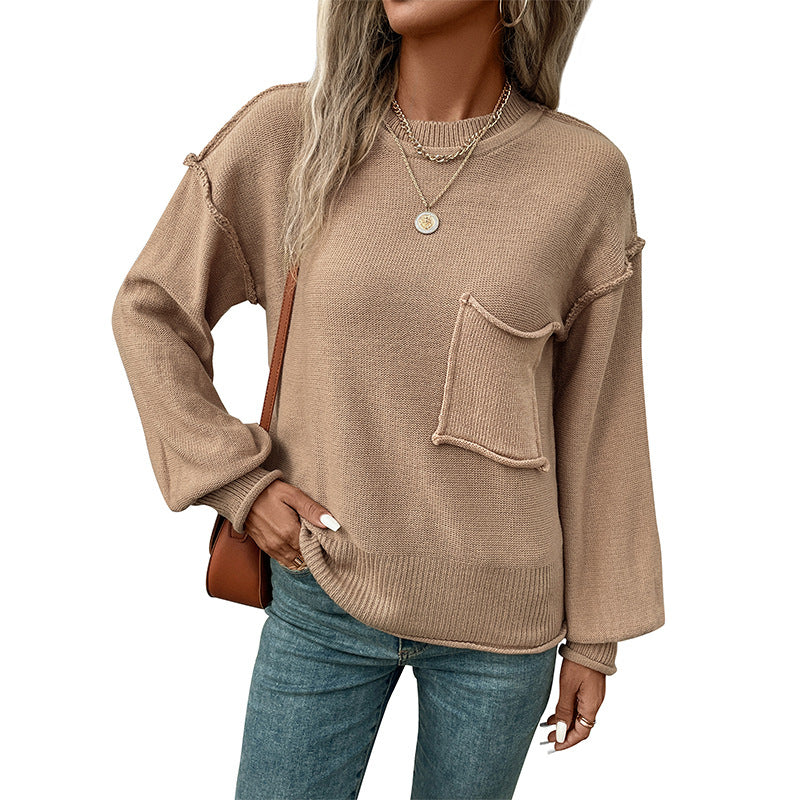 Damen Strickpullover mit Brusttasche und Details Beige