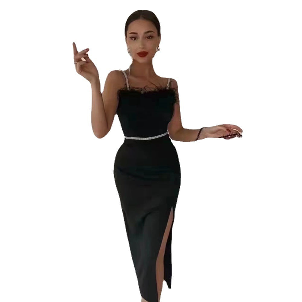 Damen Abendkleid Spitzenbesatz Schlitz Eveloria