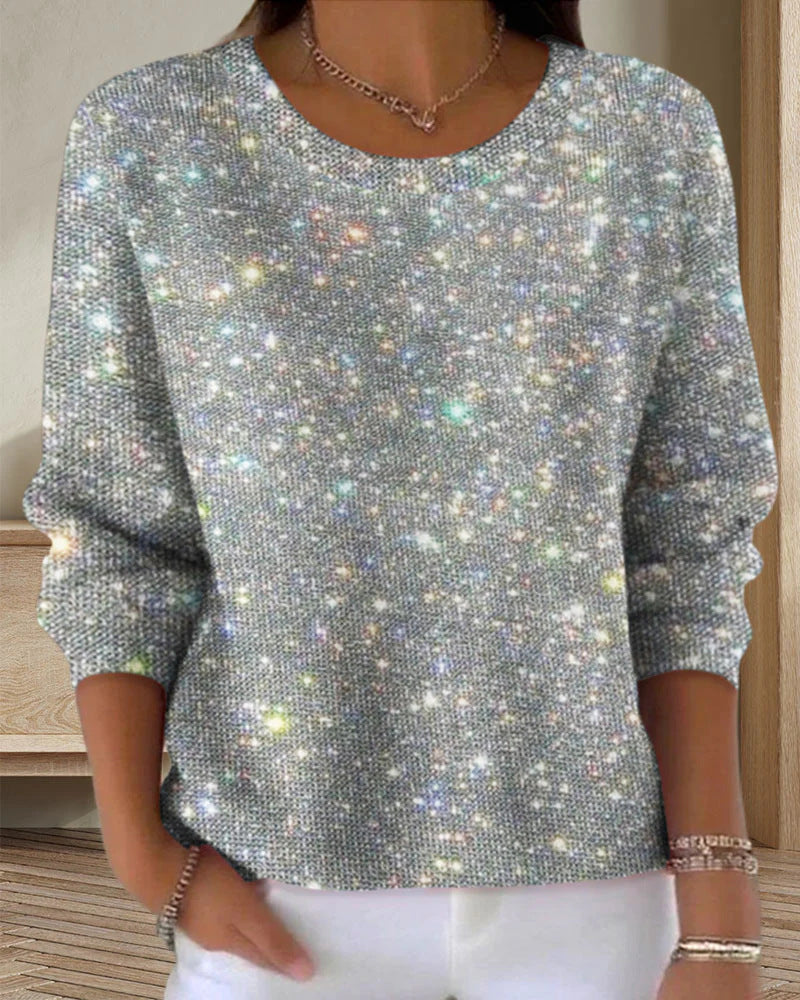 Damen Glitzerpullover Rundhals Lässiger Schnitt