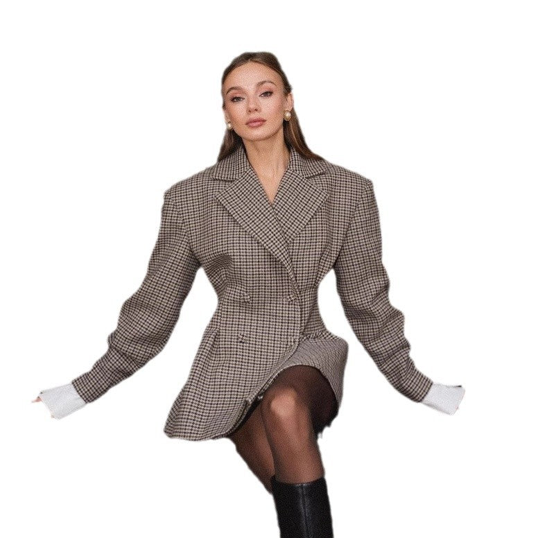 Damen Karo Blazer Oversized Doppelter Knopfverschluss