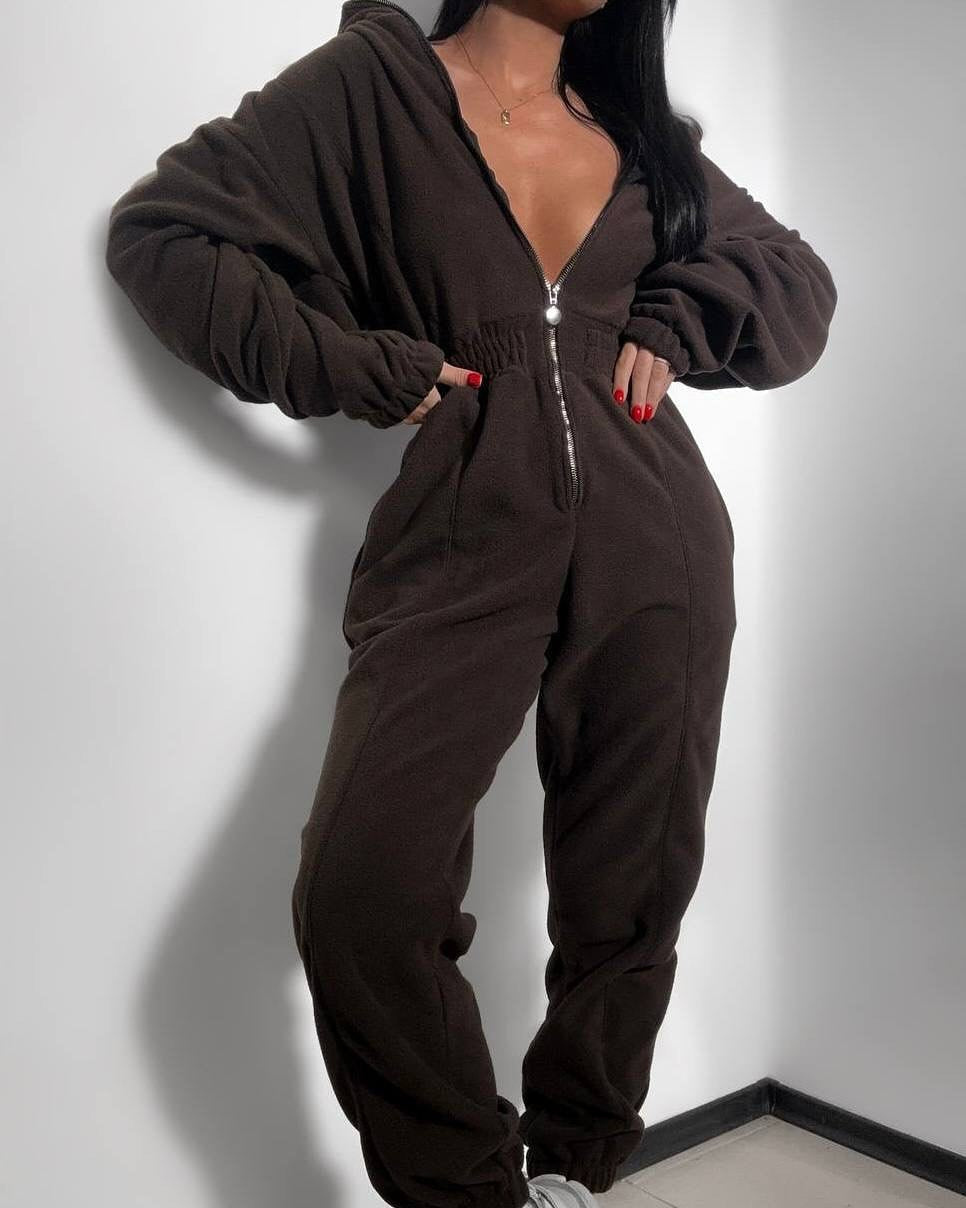 Damen Fleece-Overall mit Reißverschluss und Kapuze