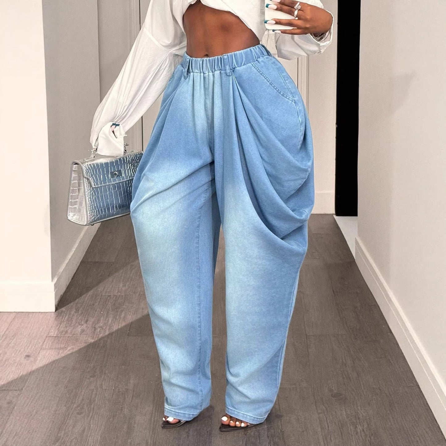 Damen Baggy-Jeans Hochtaillig Mit Seitentaschen Blau Eveloria
