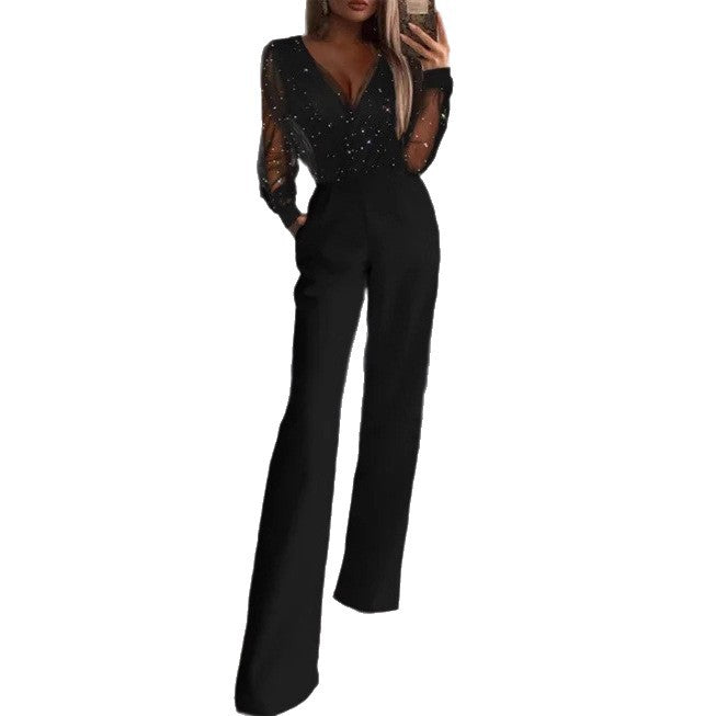 Damen Jumpsuit Transparente Bluse Schimmernde Akzente Eveloria